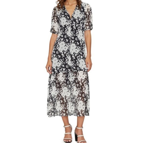 New Sanctuary Floral Short Sleeve Button Front Maxi Dress Black White Size 2 - Picture 3 of 16